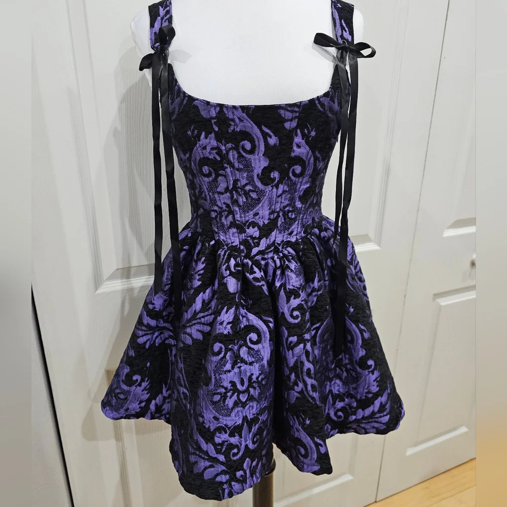 ~SOLD~ Dolls Kill Goth Widow Sultry Sins Black Purple Brocade Corset Dress XS - Picture 11 of 12